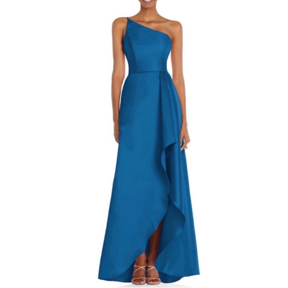 NWT Alfred Sung‎ D831 Classic Blue One-Shoulder Twill High-Low Gown Size 8 $252 - Picture 6 of 6